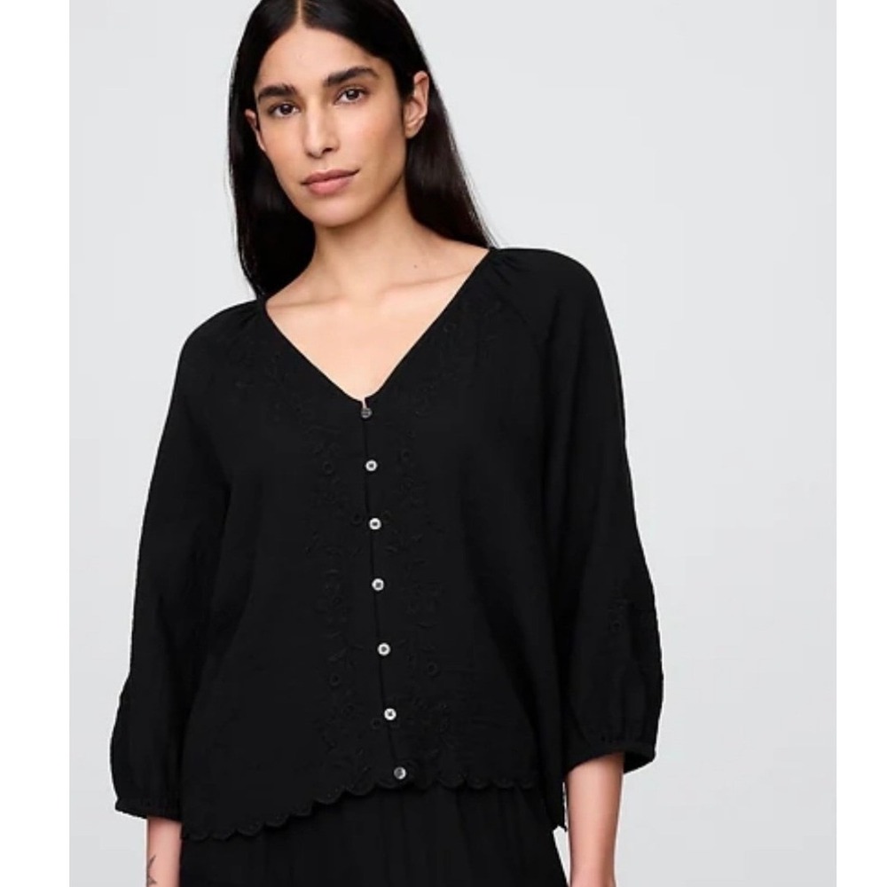 Gap Cotton Gauze Embroidered Top Womens Large Black Scalloped Hem Boho Blouse
